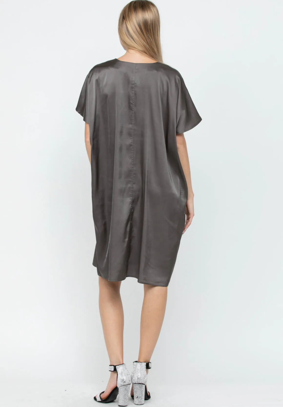 Olivia Satin Dress with Rhinestones & Pockets