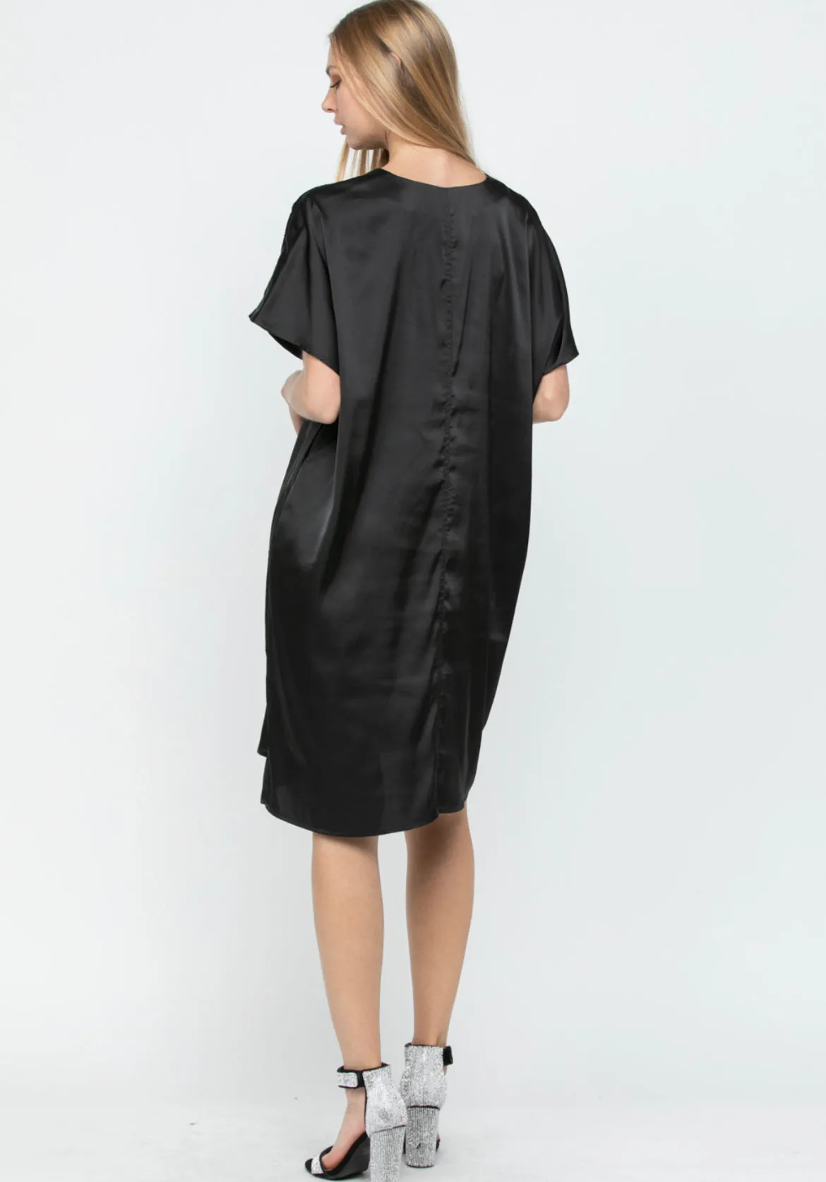 Olivia Satin Dress with Rhinestones & Pockets