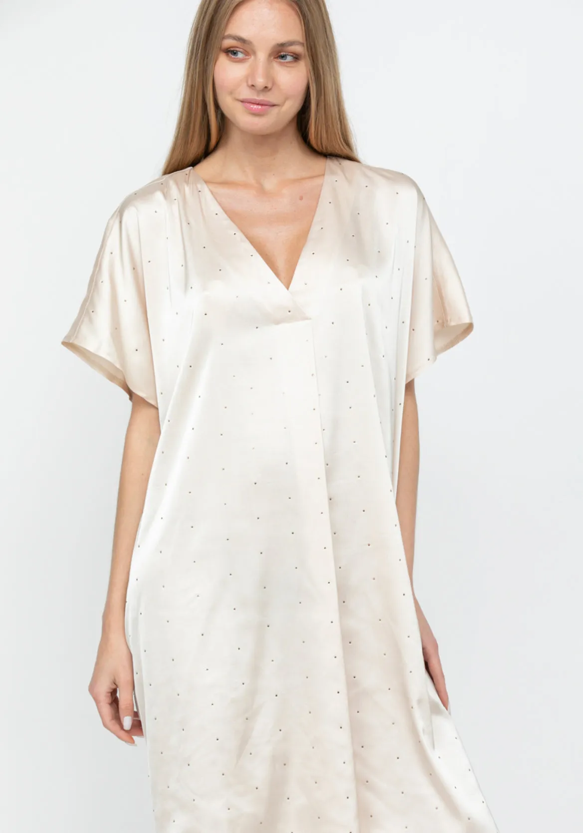 Olivia Satin Dress with Rhinestones & Pockets