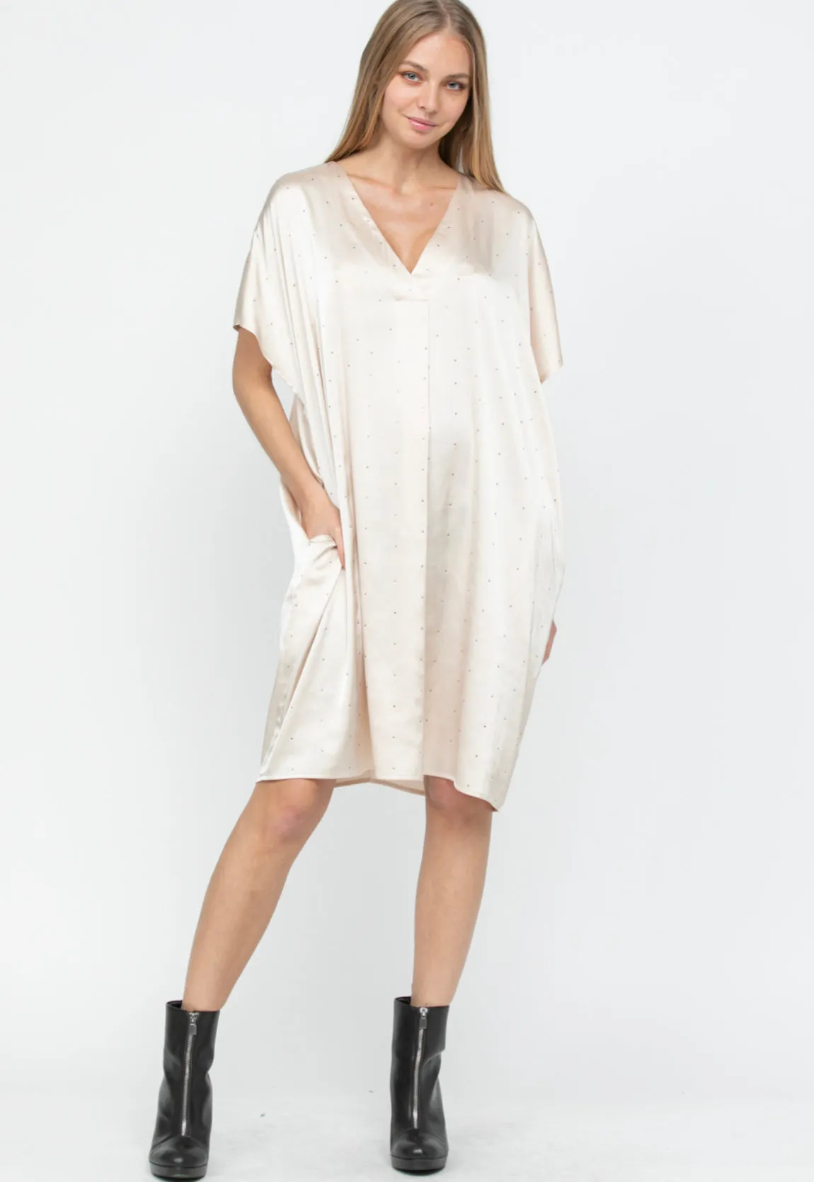 Olivia Satin Dress with Rhinestones & Pockets