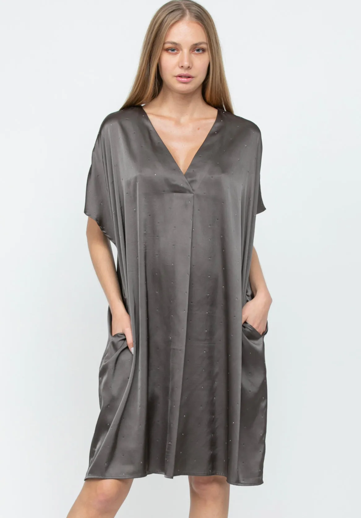 Olivia Satin Dress with Rhinestones & Pockets