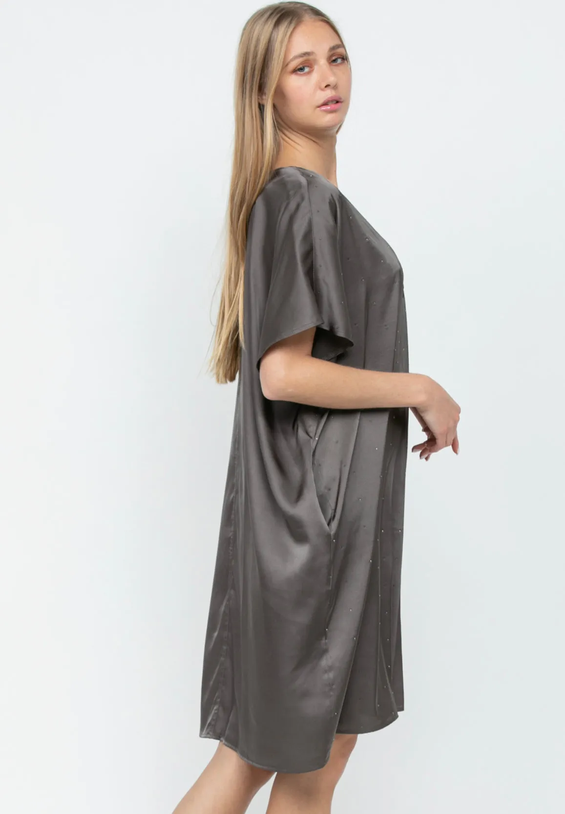 Olivia Satin Dress with Rhinestones & Pockets