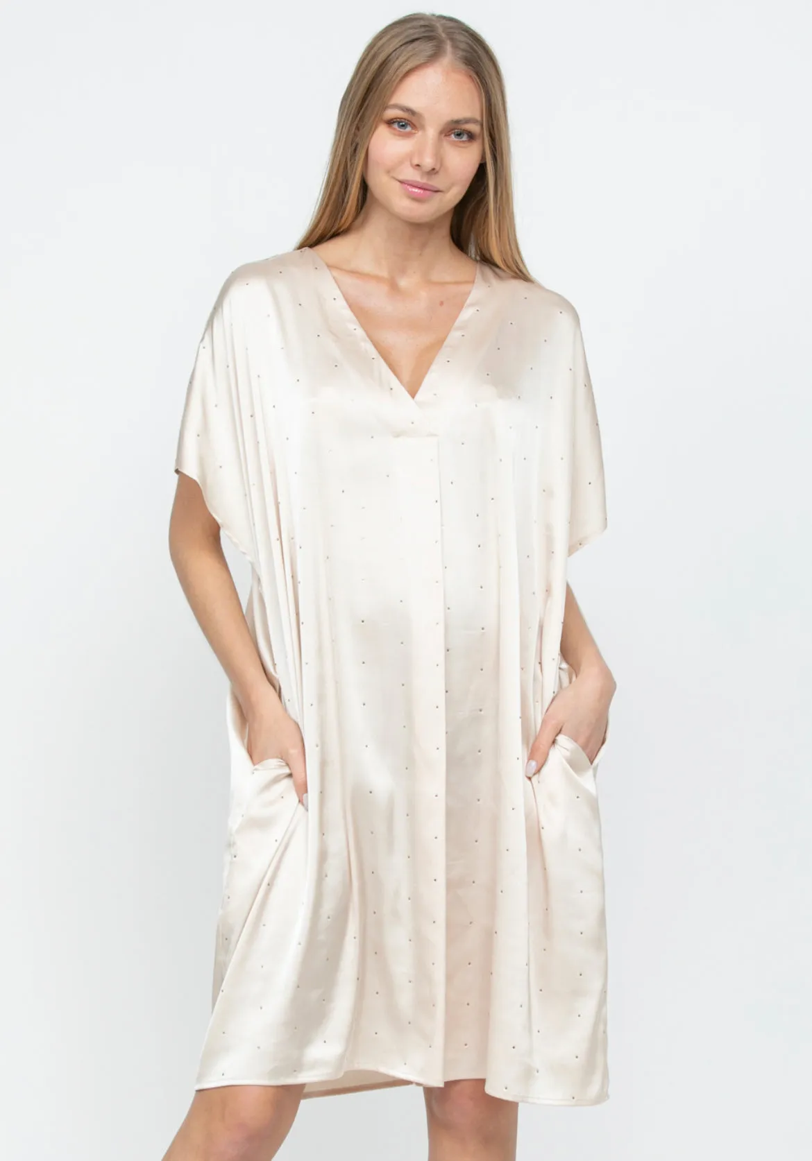 Olivia Satin Dress with Rhinestones & Pockets