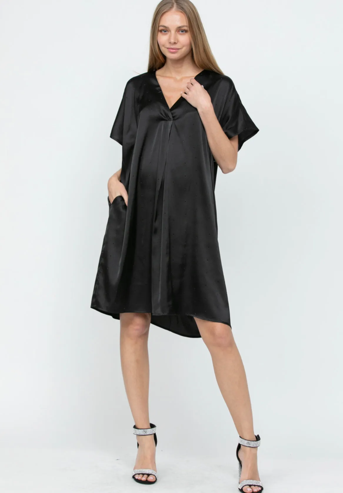 Olivia Satin Dress with Rhinestones & Pockets