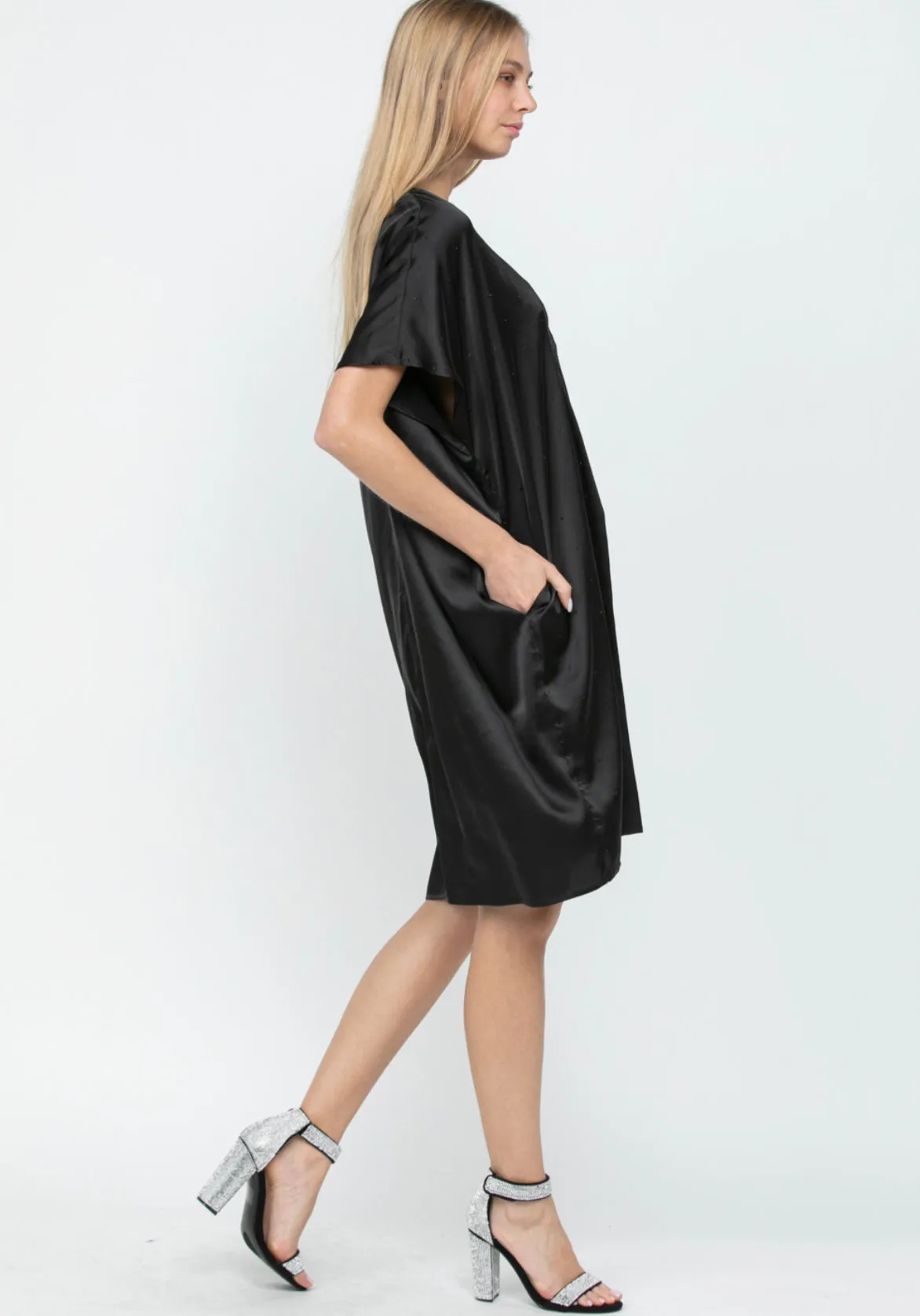 Olivia Satin Dress with Rhinestones & Pockets