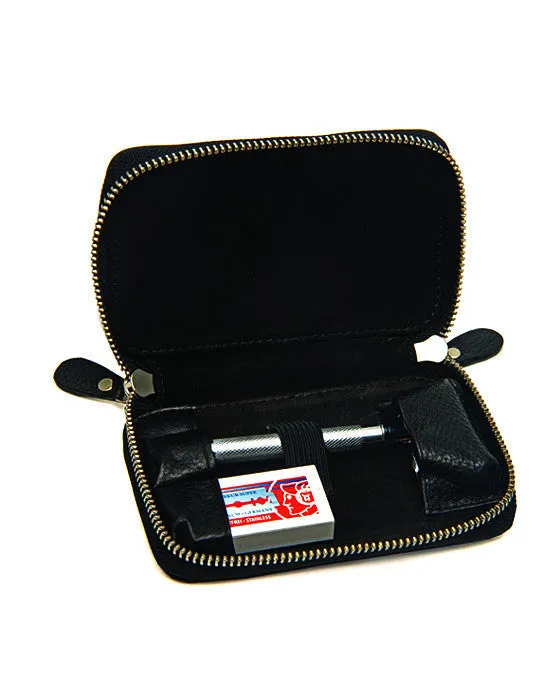 PB Black Pebble Leather DE Safety Razor Case, With Nubuck Lining