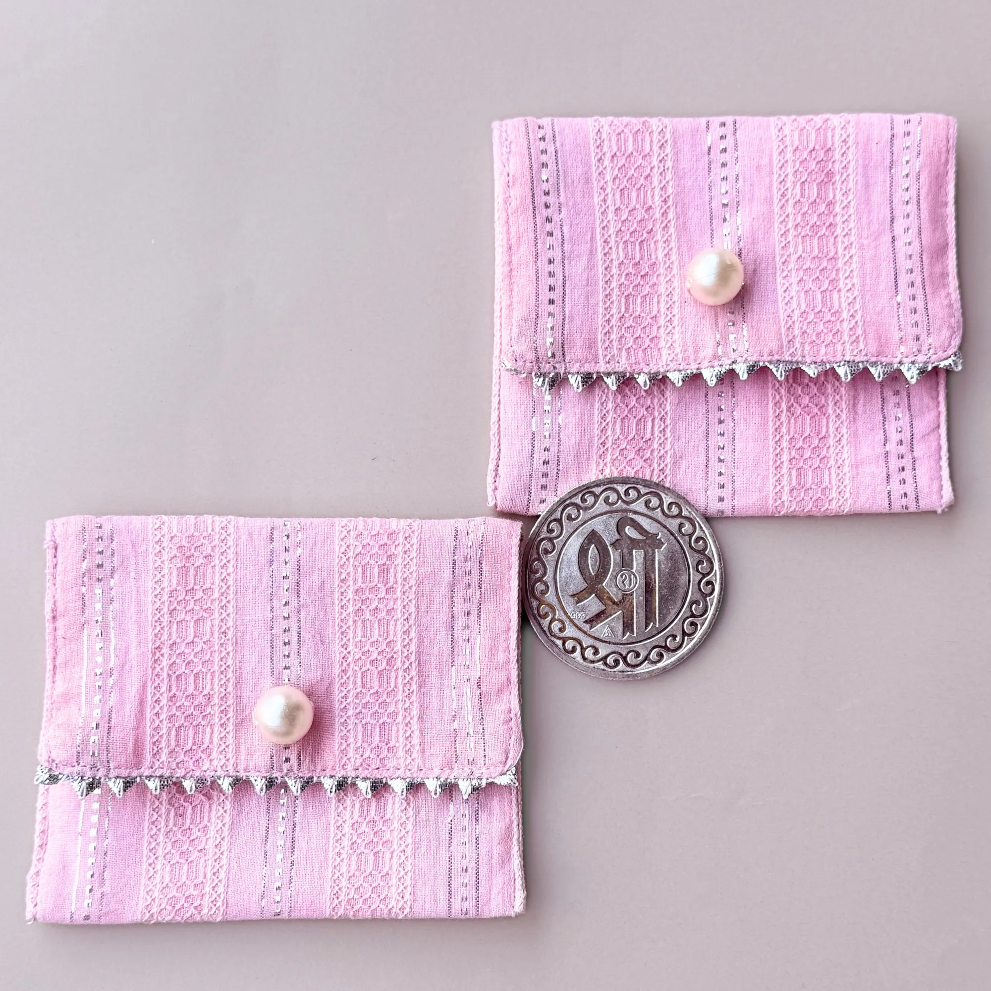 Pink & Silver-Striped Coin Pouches (Set of 2)