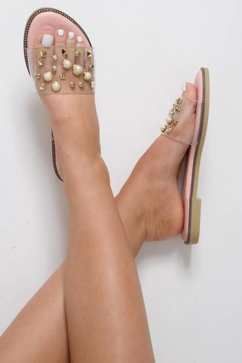 Pink Clear Clear Studded Sliders  -Athira