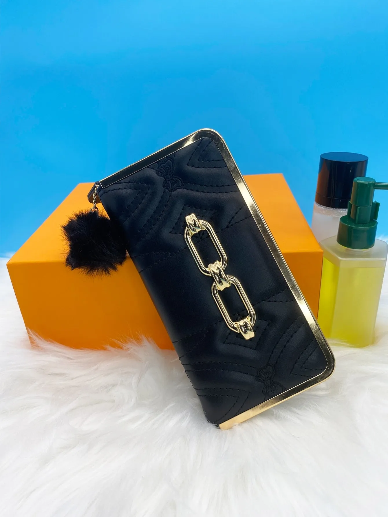 Pom Pom Decor Long Wallet - Black - FD ⚡
