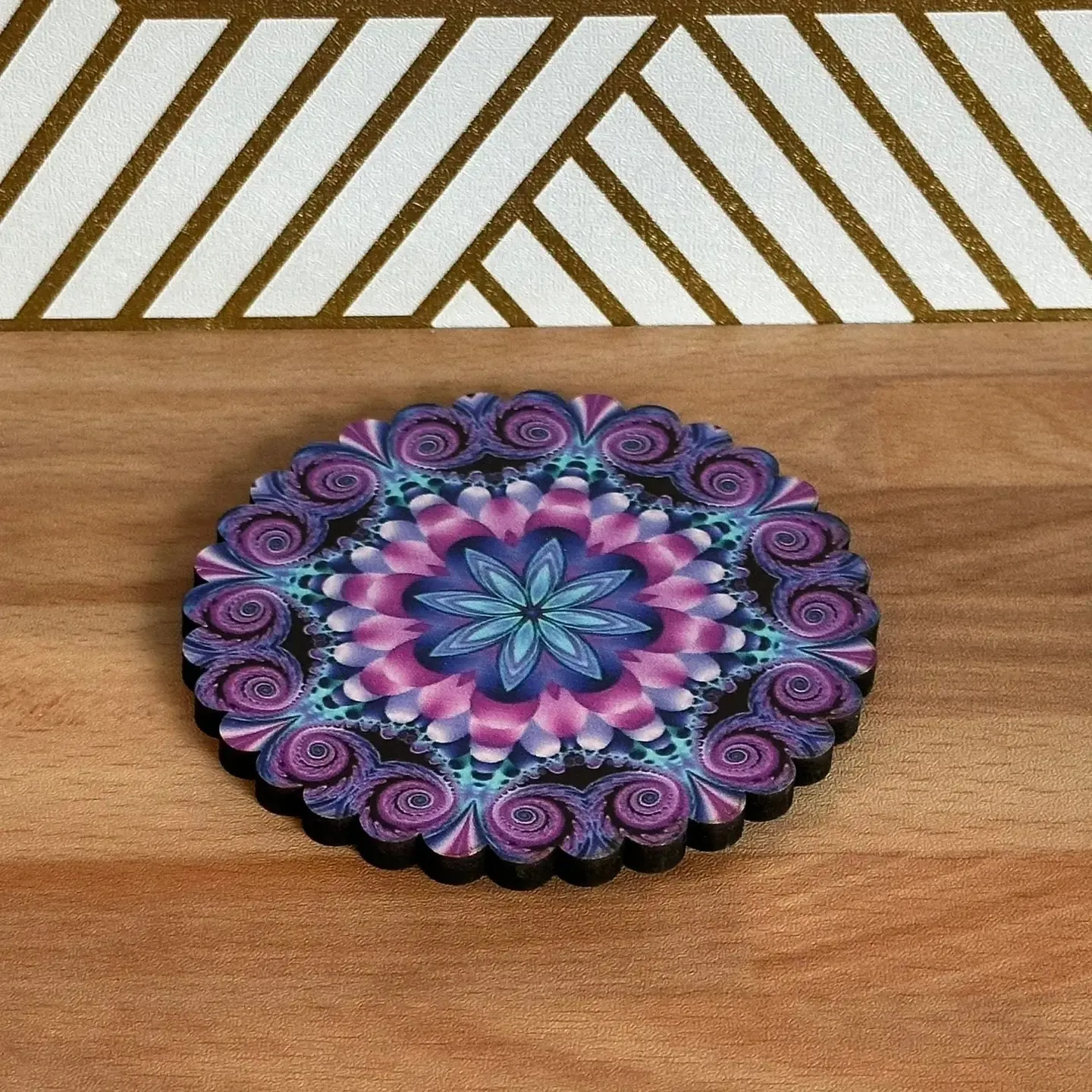 Purple Tone Floral Mandala Turkish Wooden 6pc Coaster Set
