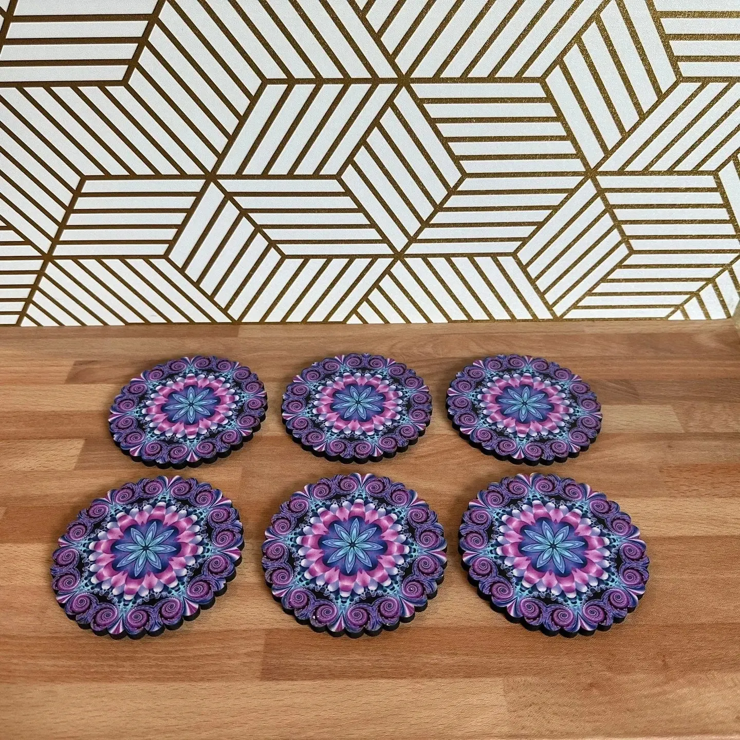 Purple Tone Floral Mandala Turkish Wooden 6pc Coaster Set