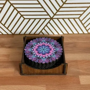 Purple Tone Floral Mandala Turkish Wooden 6pc Coaster Set