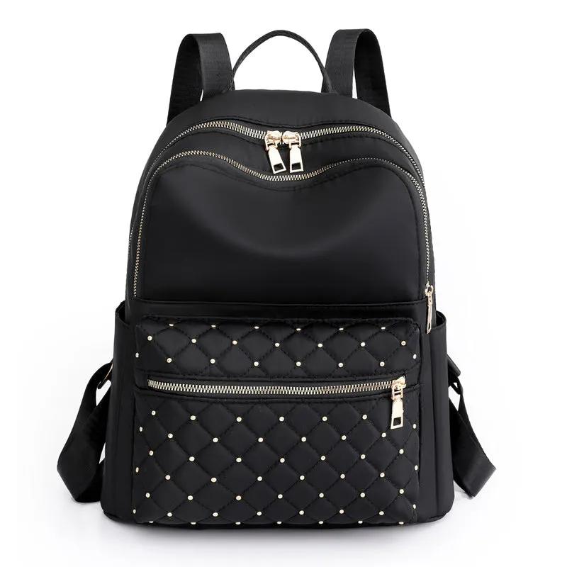 realaiot  Argyle Quilted Zipper Backpack Purse, Large Capacity Studded Decor Bookbag, Casual Laptop Bag