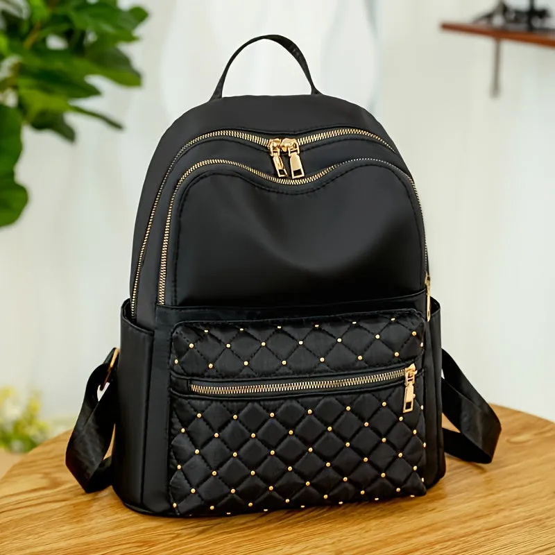 realaiot  Argyle Quilted Zipper Backpack Purse, Large Capacity Studded Decor Bookbag, Casual Laptop Bag