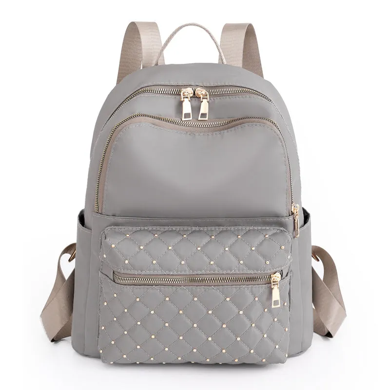 realaiot  Argyle Quilted Zipper Backpack Purse, Large Capacity Studded Decor Bookbag, Casual Laptop Bag