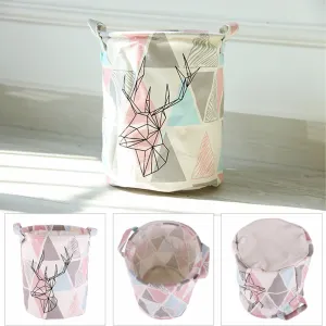 Retro Triangle Deer Pattern Linen Desk Toy Storage Box Holder Laundry Basket With Handle #226347