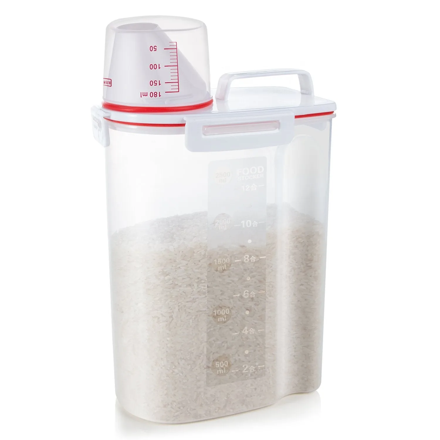 Rice Storage Containers with Airtight Design   with 4 Side Locking Lid   BPA Free Plastic   Measuring Cup   Pour Spout For Pantry Organization (2.5L Red)