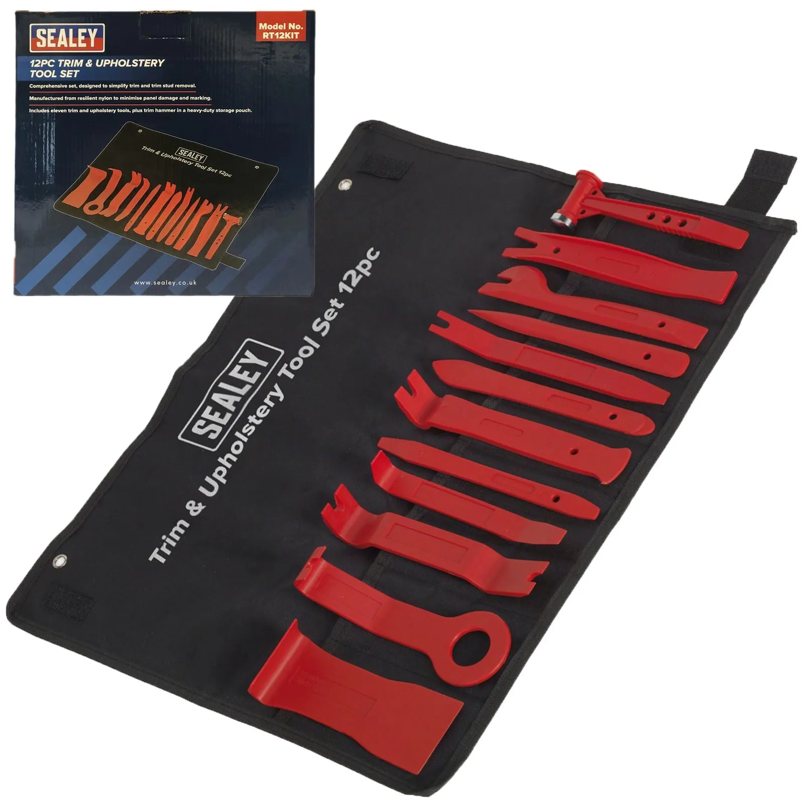 Sealey 12 Piece Trim and Upholstery Tool Set in Tool Roll Trim Hammer Panel Removal