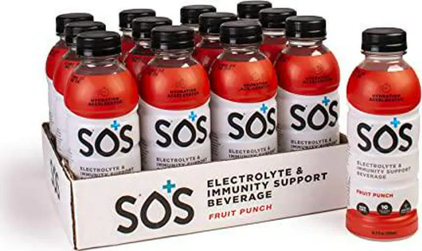 SOS Hydration Electrolytes and Vitamins 16.9 Fl Oz Drink, Low-Sugar, Immunity Support Hydration Replenishment, Fruit Punch Flavor, Pack of 12
