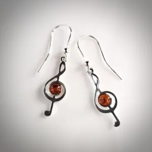 Sterling Silver & Amber Treble Clef Musical Earrings