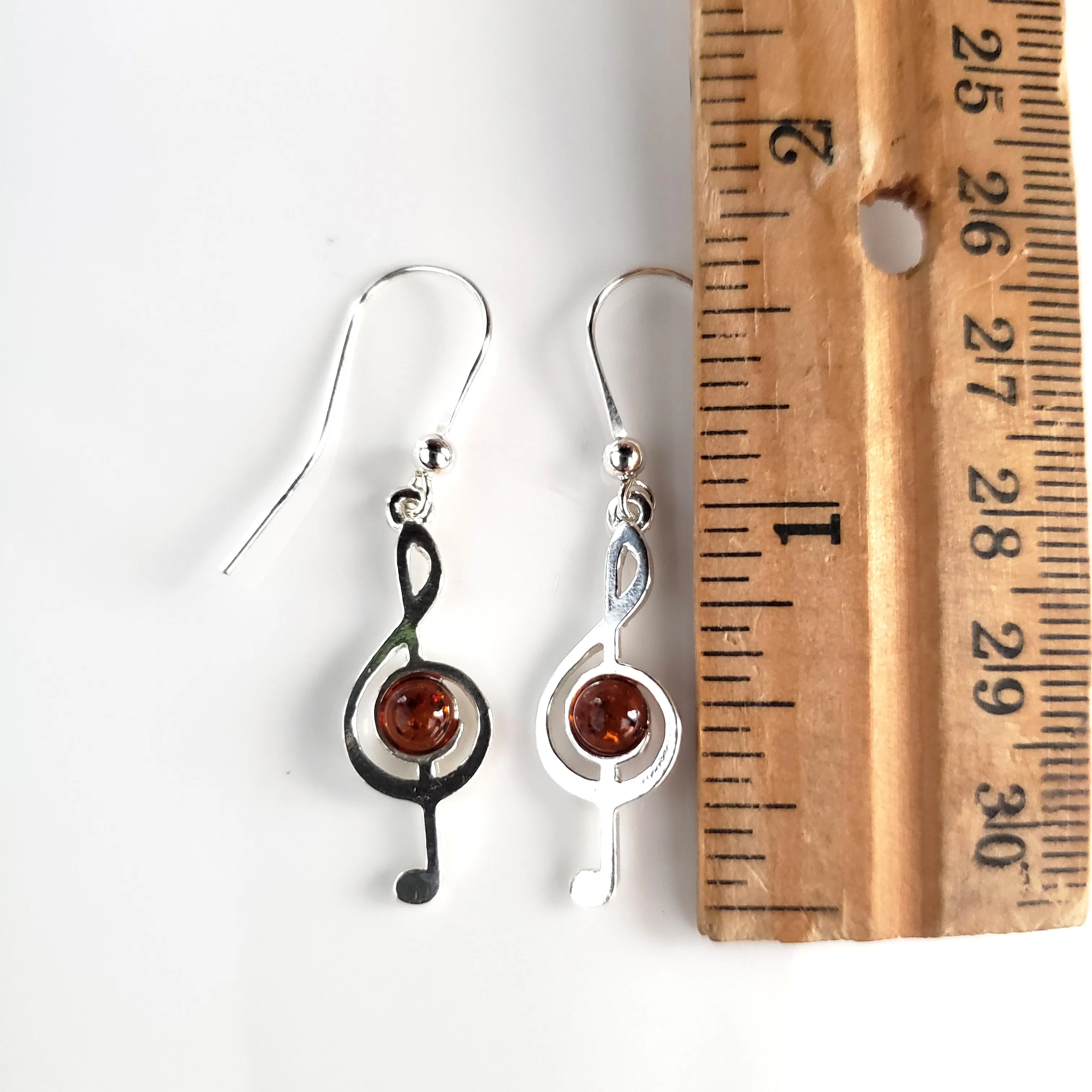 Sterling Silver & Amber Treble Clef Musical Earrings