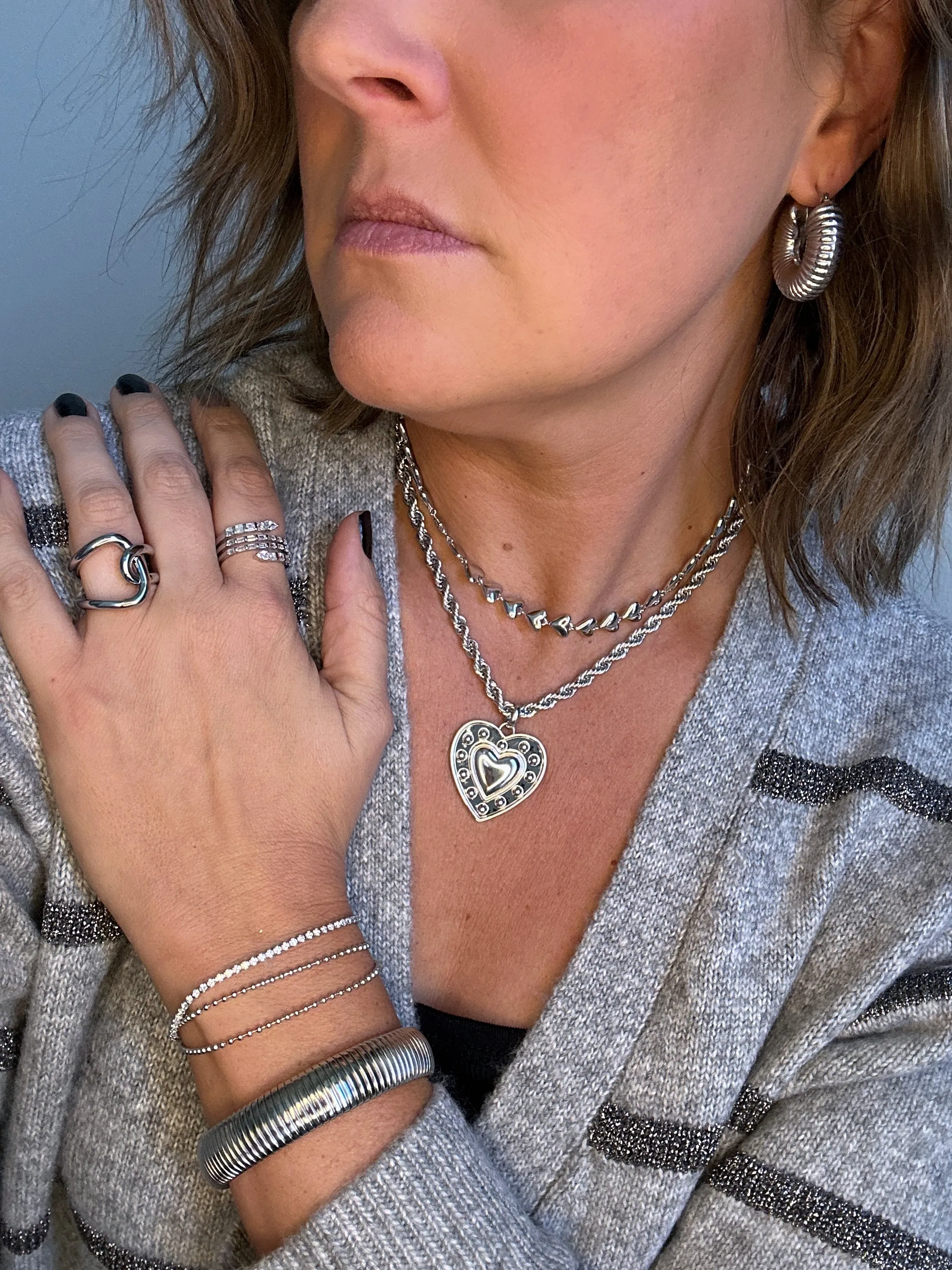 Studded Silver Heart Necklace