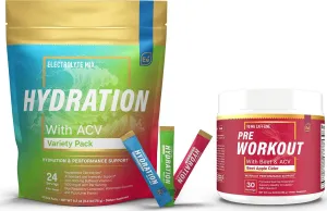 Sugar Free Hydration Powder Packets Variety - 24 Stick Packs and PreWorkout Powder with ACV | Heat, Exercise, Travel, Daily Hydration   Superfood Energy and All-Natural Nitric Oxide Booster Plus Caffeine
