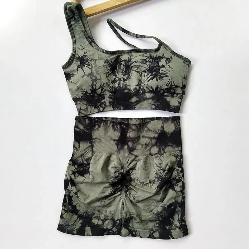 Tie Dye Yoga Set Seamless Padded Yoga Bra High Waist Stretch Gym Shorts Workout Suits Summer Sports Wear Femme Two Pieces Set