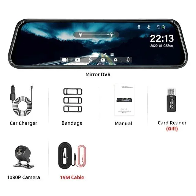 Touch Screen Mirror Dash Cam with Front & Rear Camera