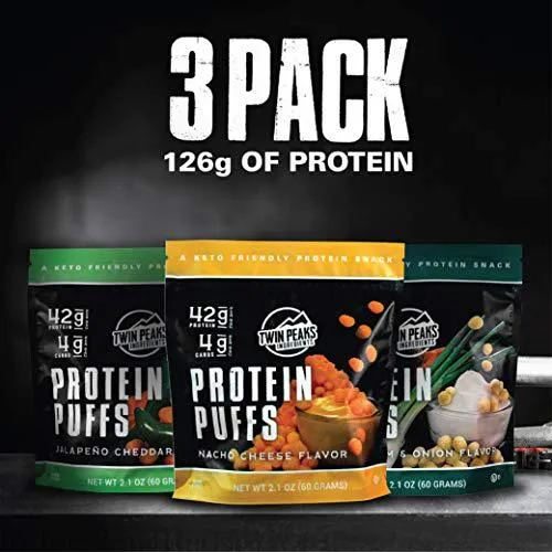 Twin Peaks Low Carb, Keto Friendly Protein Puffs, 3 Bags of Assorted Flavor Puffs   1 Jug Nacho Cheese Flavor Puffs