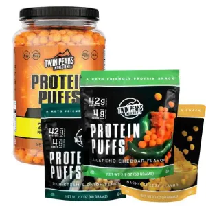 Twin Peaks Low Carb, Keto Friendly Protein Puffs, 3 Bags of Assorted Flavor Puffs   1 Jug Nacho Cheese Flavor Puffs