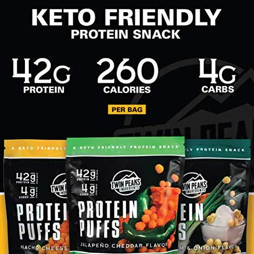 Twin Peaks Low Carb, Keto Friendly Protein Puffs, 3 Bags of Assorted Flavor Puffs   1 Jug Nacho Cheese Flavor Puffs