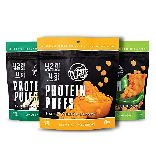 Twin Peaks Low Carb, Keto Friendly Protein Puffs, 3 Bags of Assorted Flavor Puffs   1 Jug Nacho Cheese Flavor Puffs