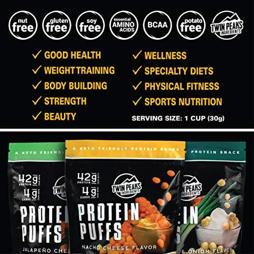 Twin Peaks Low Carb, Keto Friendly Protein Puffs, 3 Bags of Assorted Flavor Puffs   1 Jug Nacho Cheese Flavor Puffs