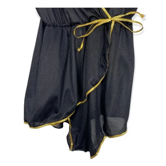 Vintage 70s Flair Black Gold Trim Spaghetti Strap Surplice Nylon Negligee Small