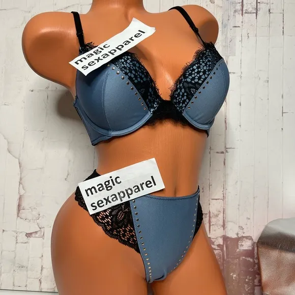 VS 34C L PANTY VERY SEXY PUSH UP PADDED BRA SET EMBELLISHED STUDDED DENIM