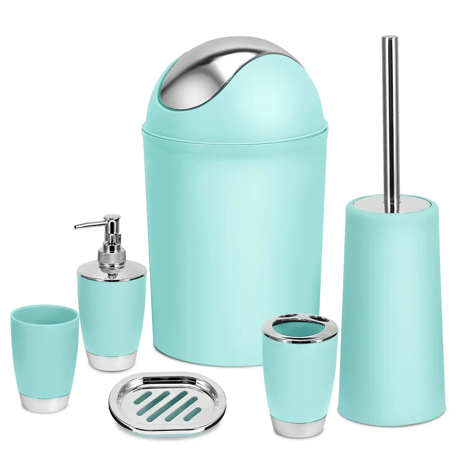 Waterproof 6-Piece Polypropylene Bathroom Accessory Set, Aqua