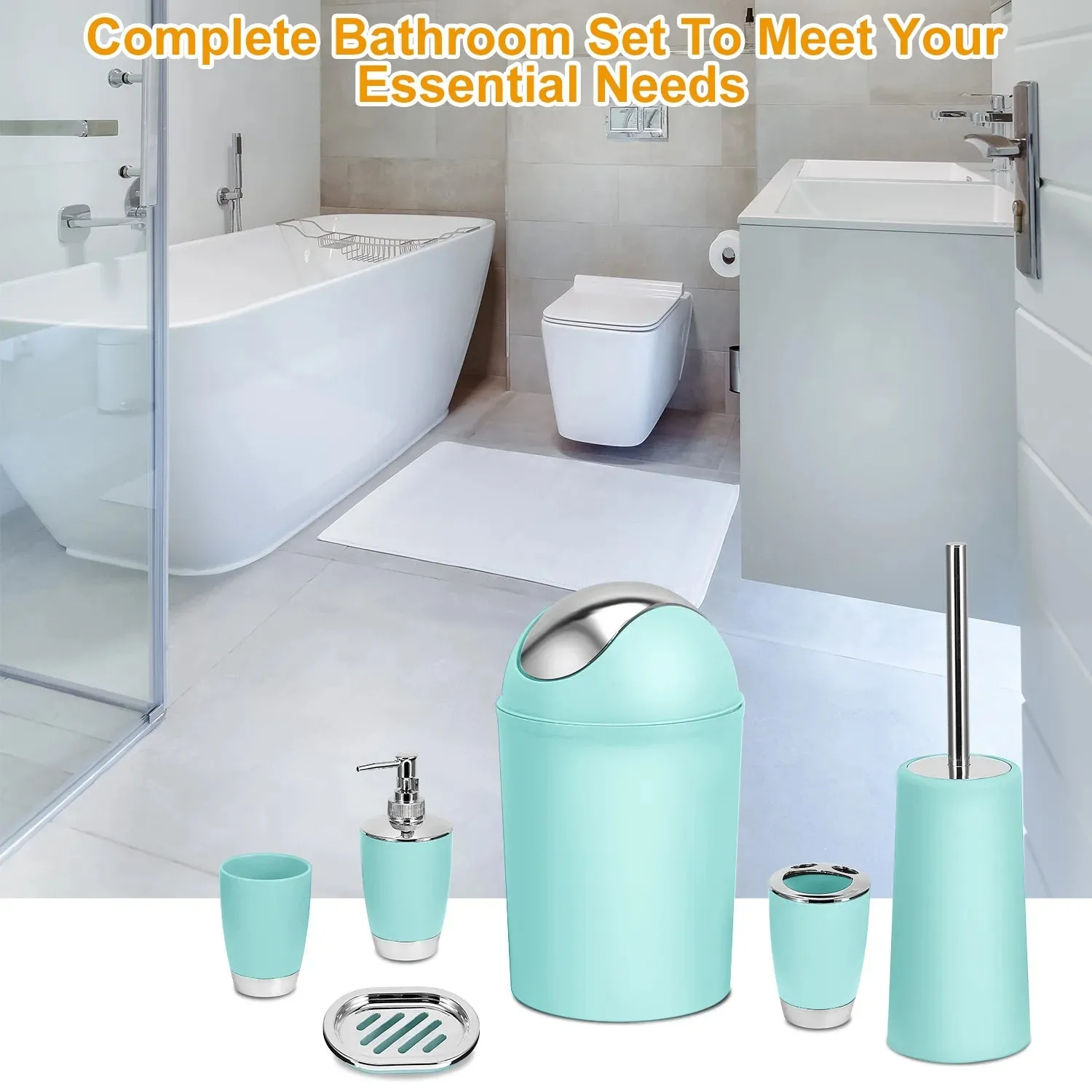 Waterproof 6-Piece Polypropylene Bathroom Accessory Set, Aqua
