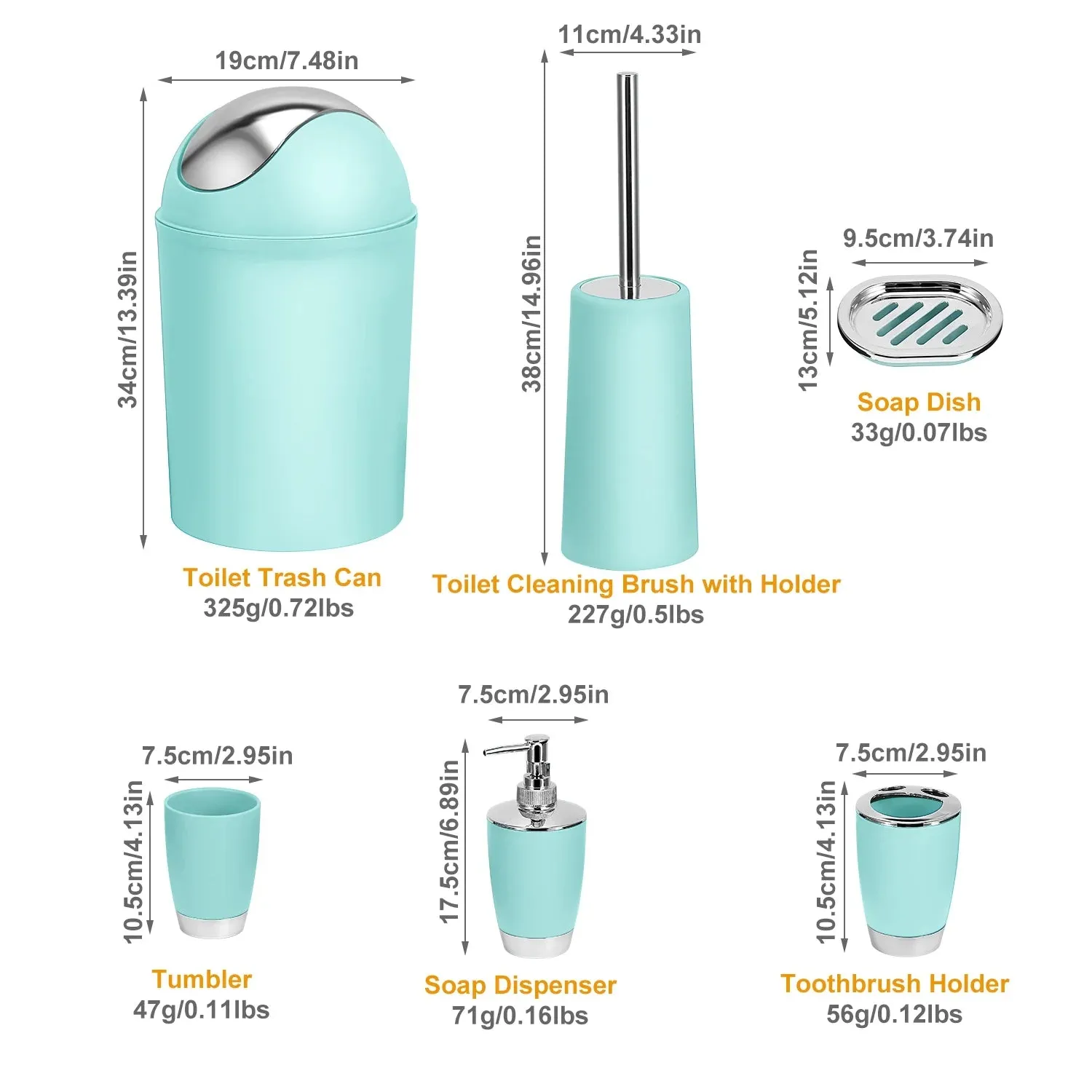 Waterproof 6-Piece Polypropylene Bathroom Accessory Set, Aqua