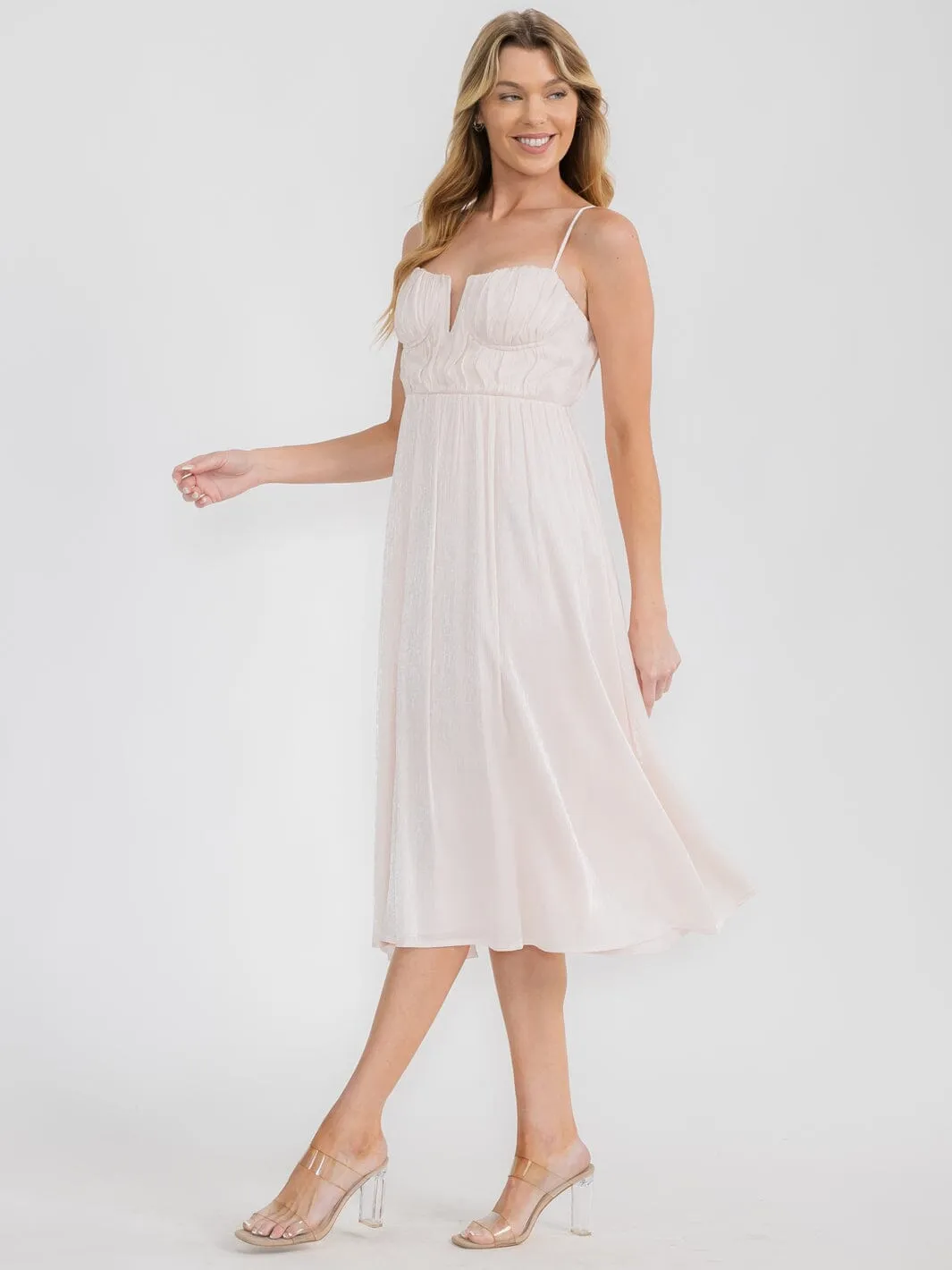 WOMEN'S SLEEVELESS ELASTIC WAIST V-NECK MIDI DRESS