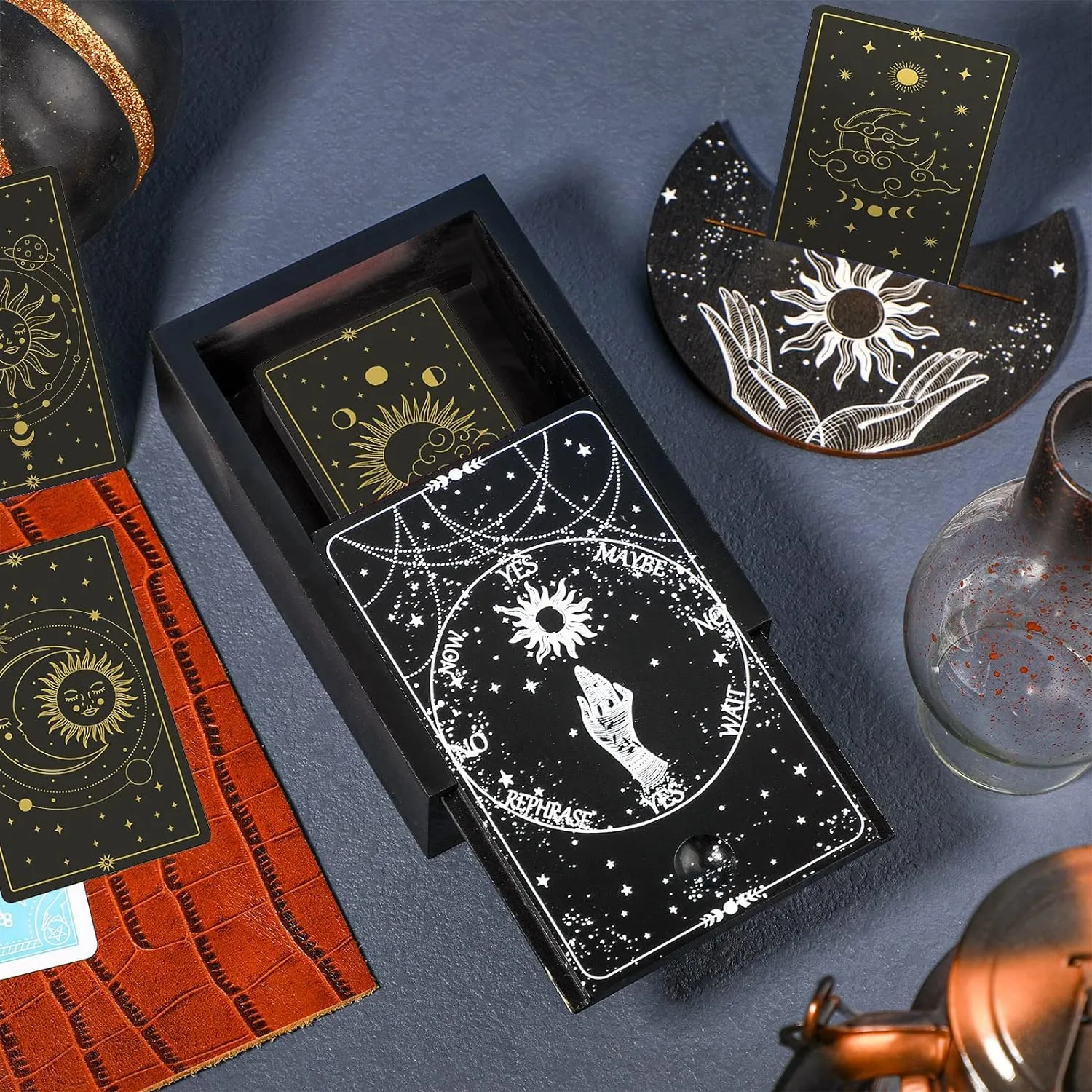 Wooden Tarot Card Storage Box with Tarot Card Display Stand